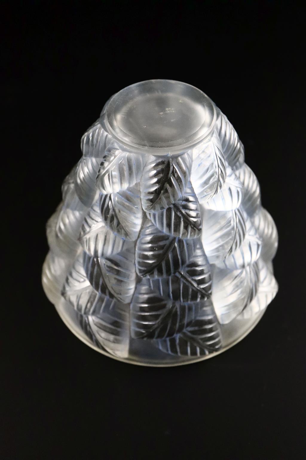 René Lalique. A pre-war Moissac pattern blue tinted frosted glass vase, no.992, designed in 1927, 13cm high